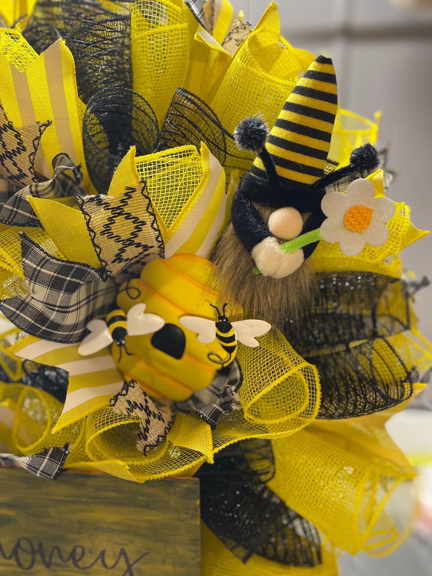 Hi Honey! Yellow and Black, Bee wreath, Gnome Bee